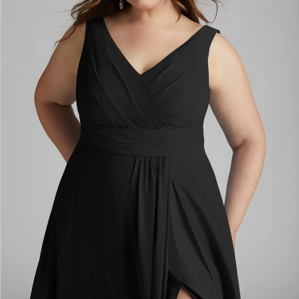Azazie Black V-Neck Pleated Waist A-Line Gown
